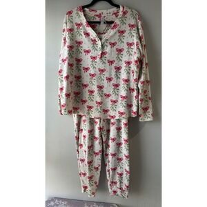 Tranquil & True Pajama Set XL White Pink Bows Excellent Waffle Knit Henley